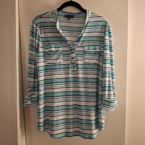 Ava & Graxe Women's Teal and White Striped Button-Down Shirt